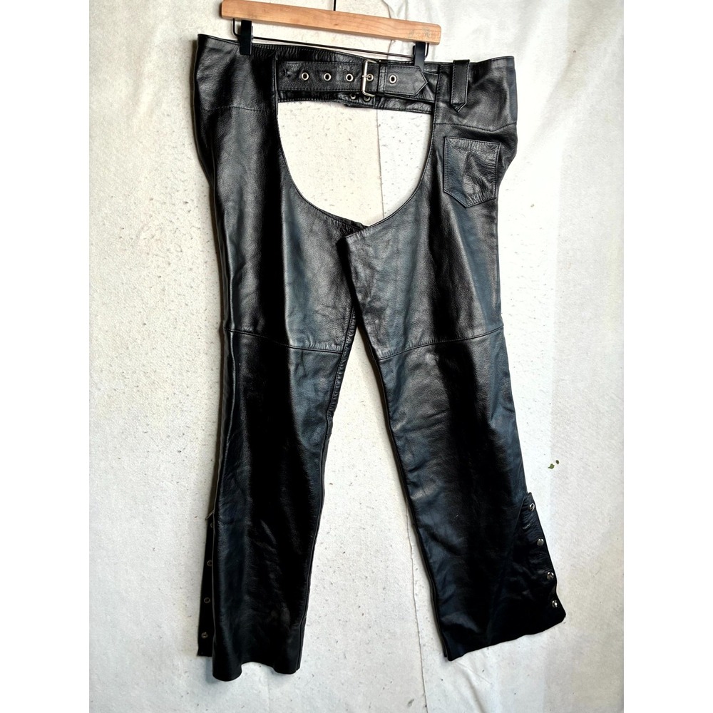Xelement Biker Riding Chaps Mens 38 Black Leather Buckle Waisted Ankle Zipper